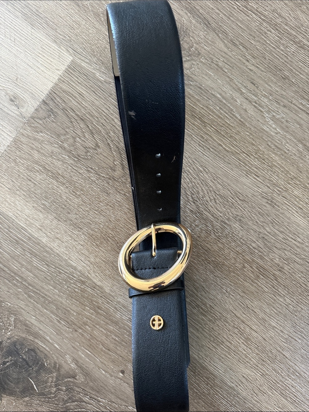 Black Leather Belt with Gold Oval Buckle - Women Accessories